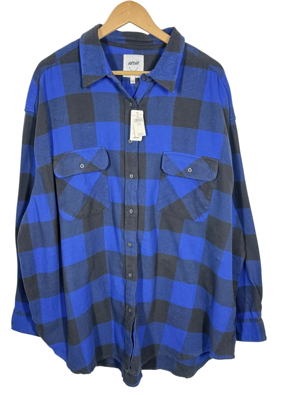 aerie Men's Blue and Black Plaid Button-Down Flannel Shirt